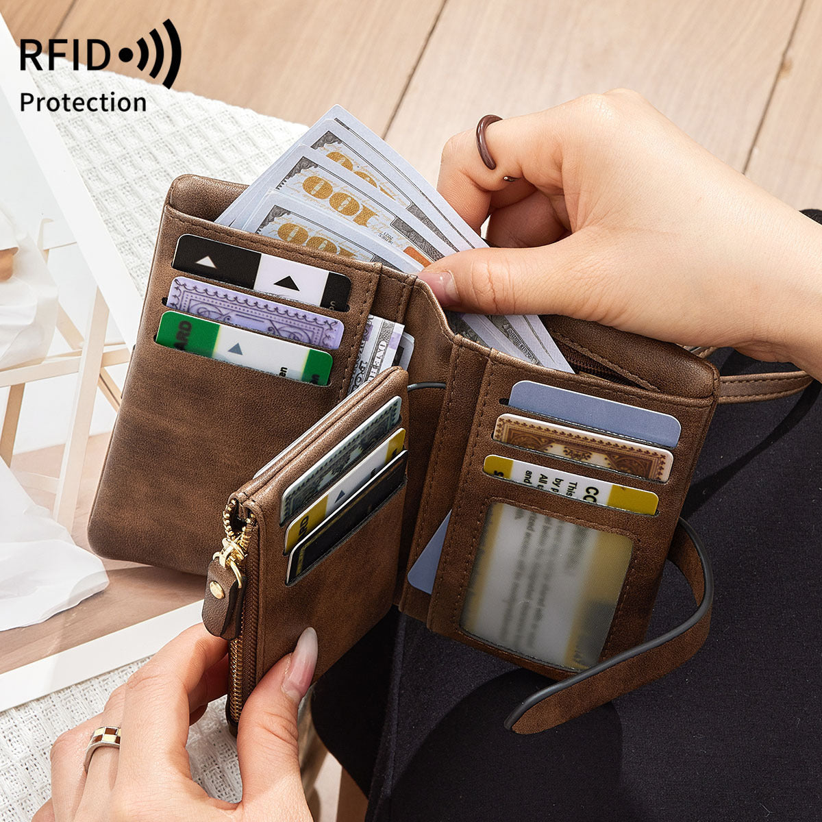 RFID Women's Wallet Soft Leather Solid Color 70 Off Short Style
