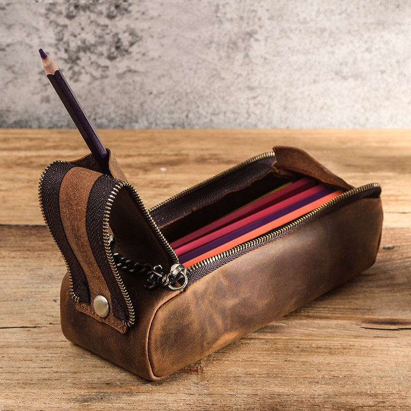 Crazy Horse Leather Portable Double Zipper Large Capacity