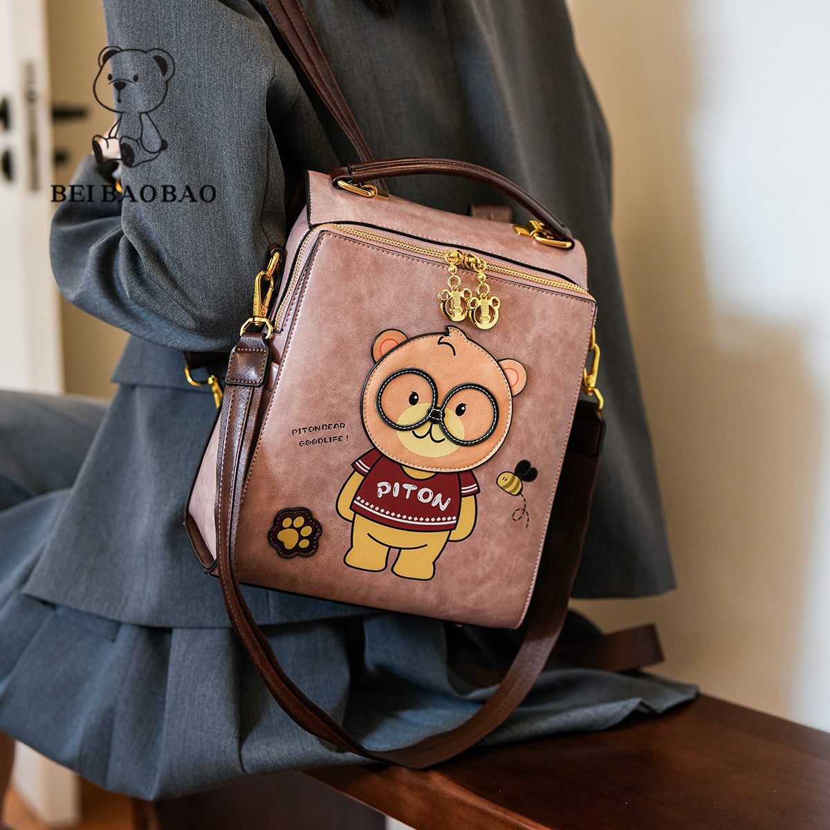 Cartoon Bear Female Large Capacity Retro And Fashion All-matching Portable Slingbackpack