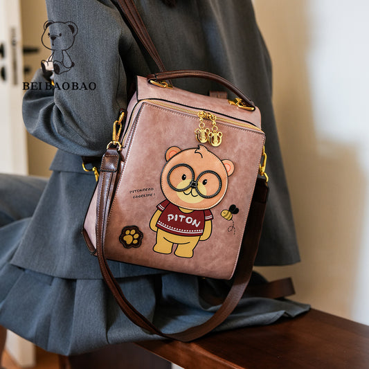 Cartoon Bear Female Large Capacity Retro And Fashion All-matching Portable Slingbackpack
