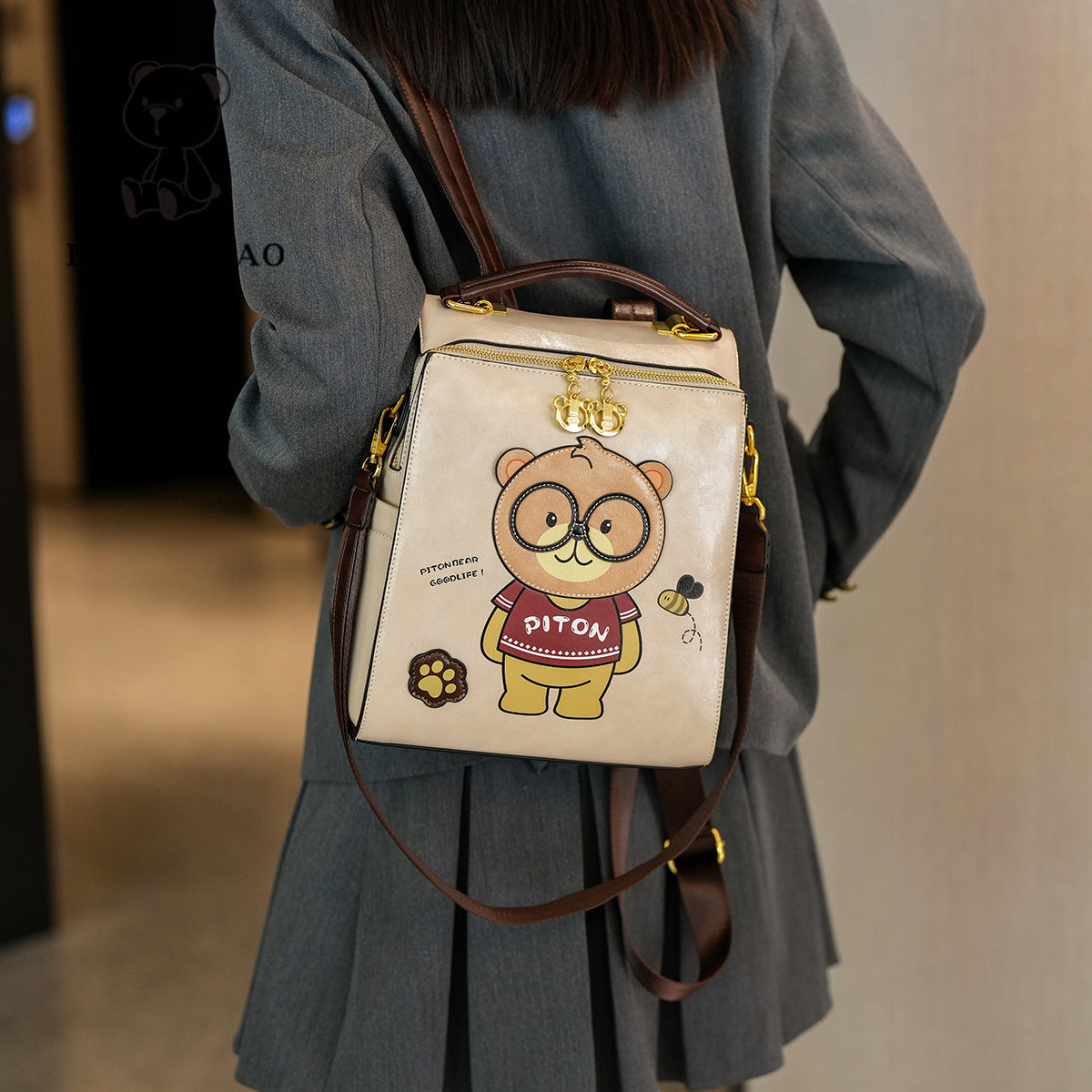 Cartoon Bear Female Large Capacity Retro And Fashion All-matching Portable Slingbackpack