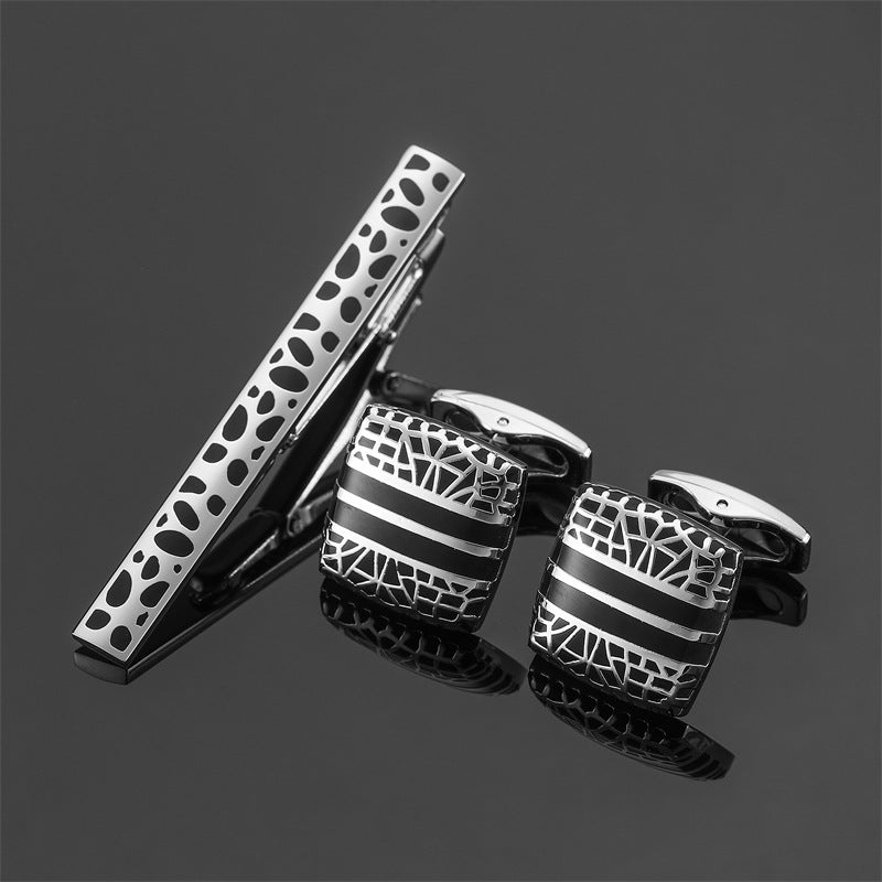 Gold And Silver Black Crystal Rose Enamel Pattern Batch Flower Tie Clip Cuff Buckle Set