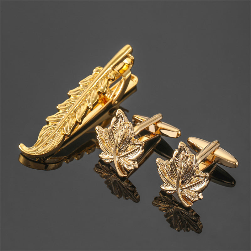 Gold And Silver Black Crystal Rose Enamel Pattern Batch Flower Tie Clip Cuff Buckle Set