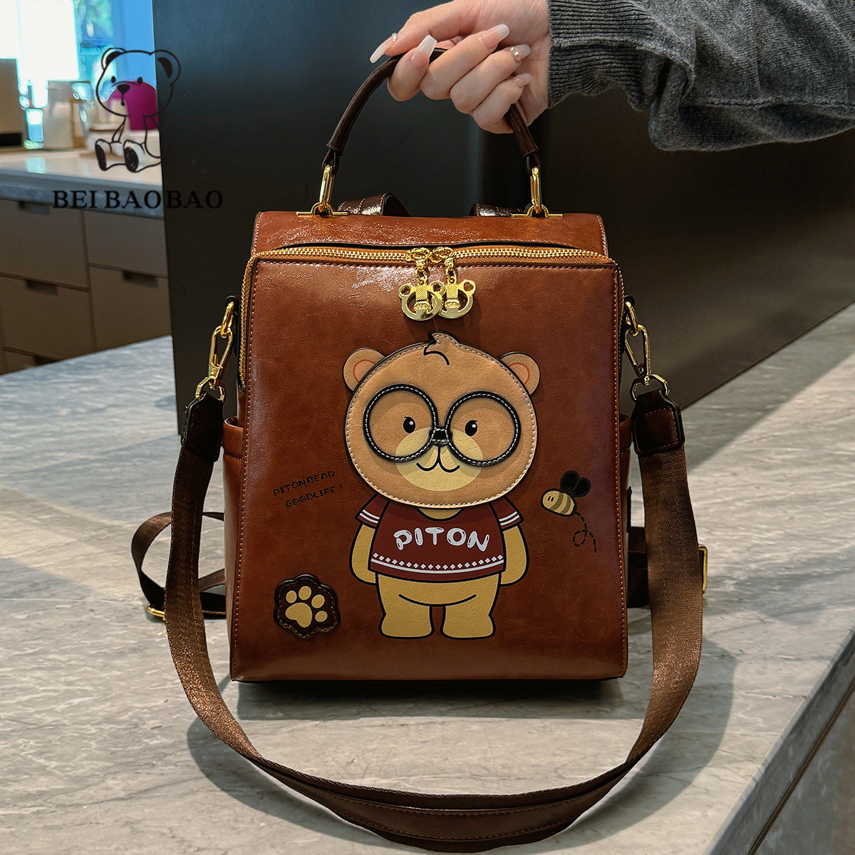 Cartoon Bear Female Large Capacity Retro And Fashion All-matching Portable Slingbackpack