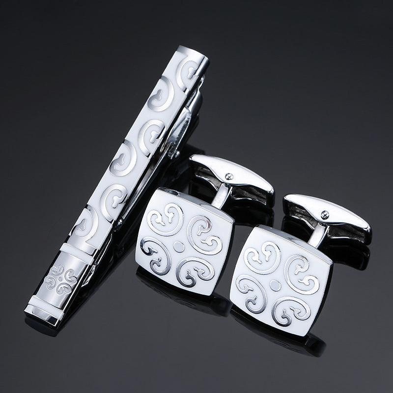 Gold And Silver Black Crystal Rose Enamel Pattern Batch Flower Tie Clip Cuff Buckle Set