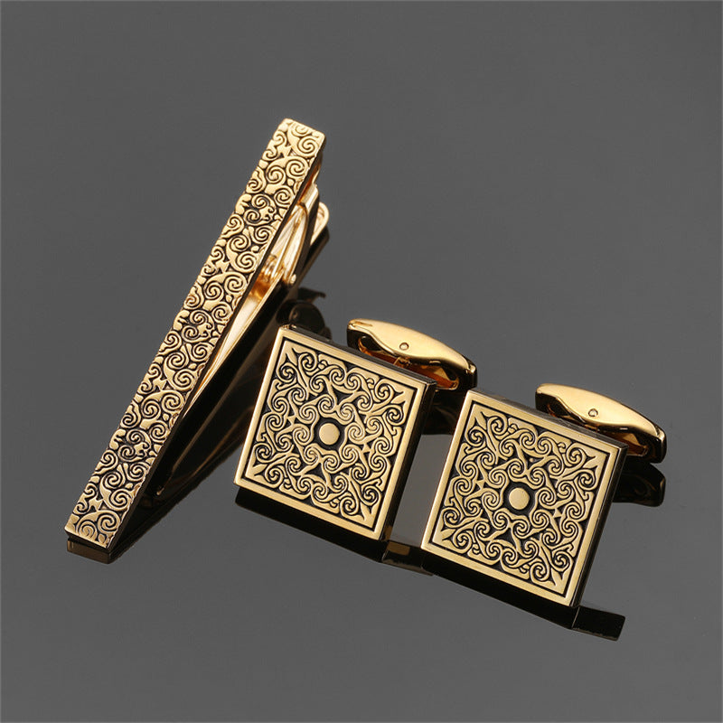 Gold And Silver Black Crystal Rose Enamel Pattern Batch Flower Tie Clip Cuff Buckle Set