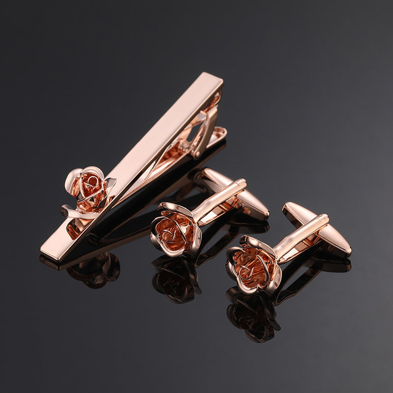 Gold And Silver Black Crystal Rose Enamel Pattern Batch Flower Tie Clip Cuff Buckle Set