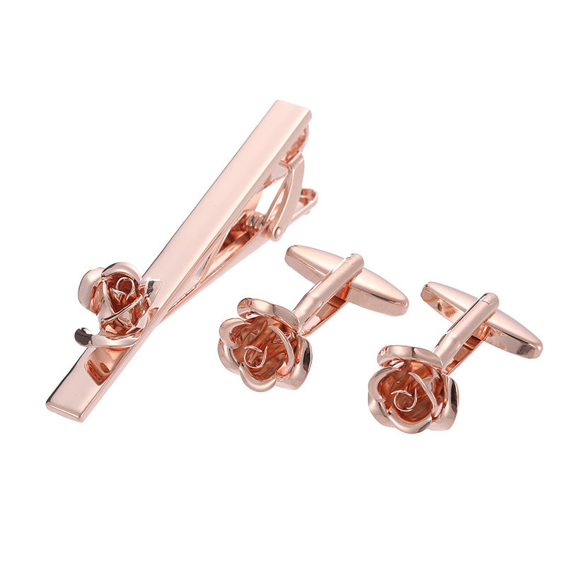 Gold And Silver Black Crystal Rose Enamel Pattern Batch Flower Tie Clip Cuff Buckle Set