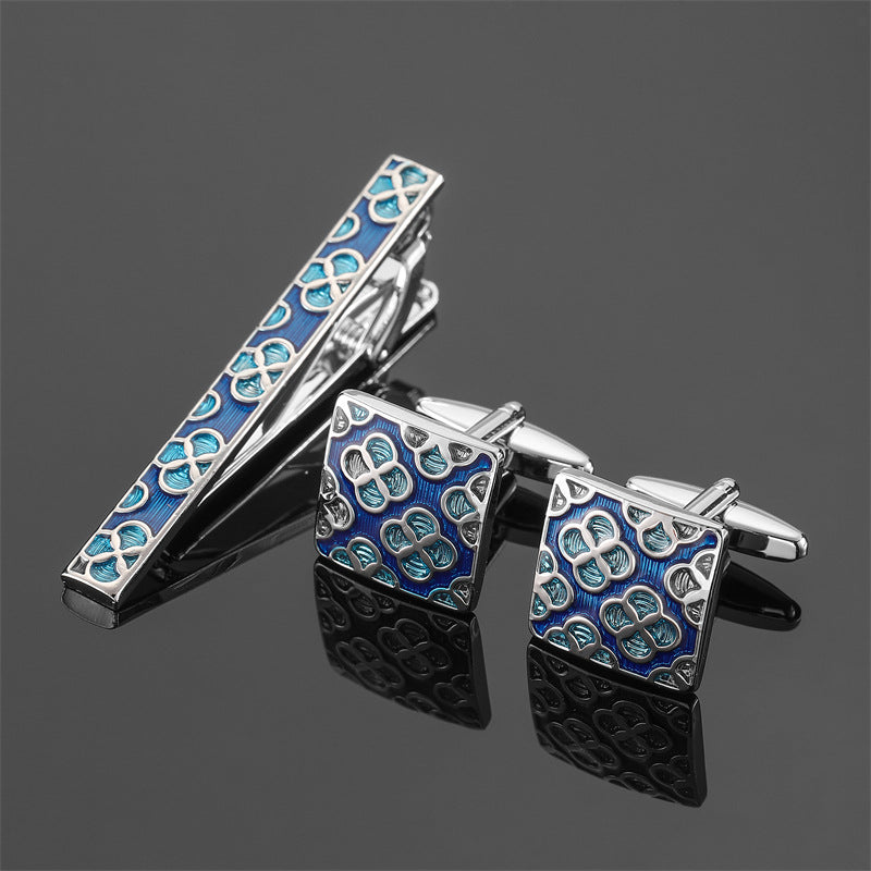 Gold And Silver Black Crystal Rose Enamel Pattern Batch Flower Tie Clip Cuff Buckle Set