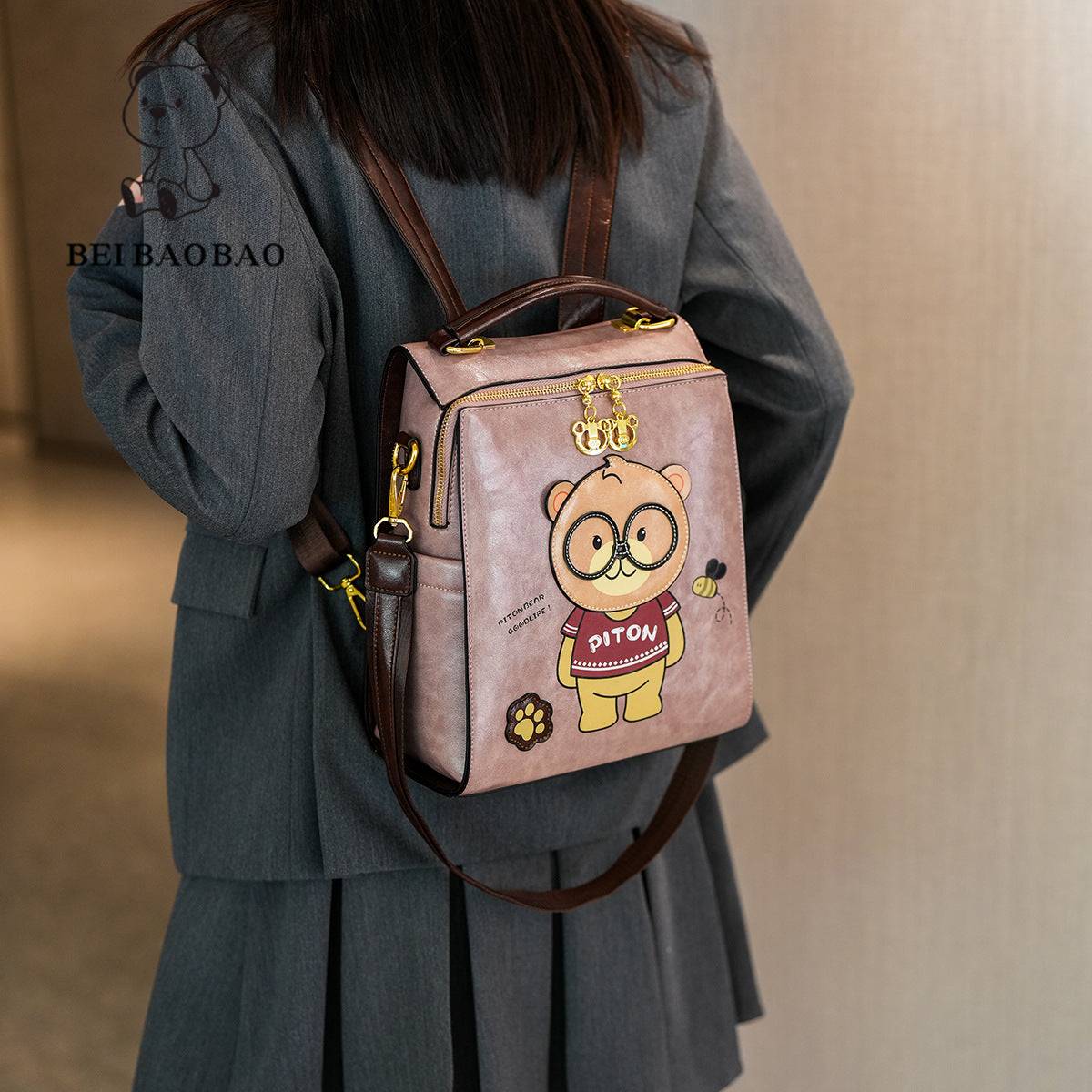 Cartoon Bear Female Large Capacity Retro And Fashion All-matching Portable Slingbackpack